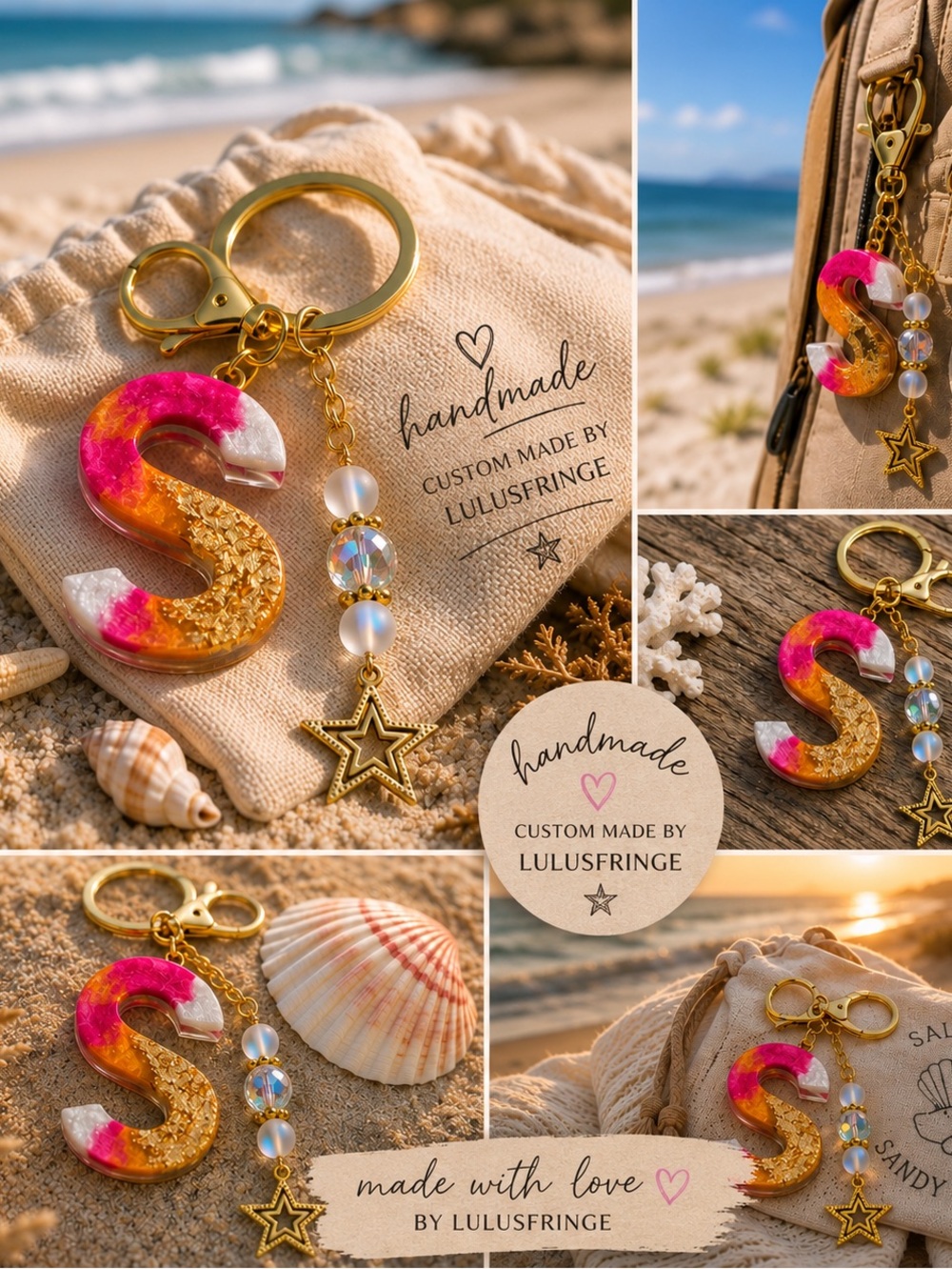 Custom Made Gold, Pink And Orange Letter “S” Keychain with Mermaid Bead Charm
